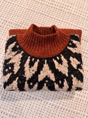 a.n.a Rust Turtleneck Sweater with black and cream pattern, Size Medium